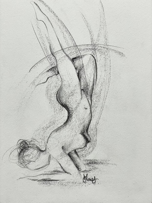 Nude female drawing in pencil and charcoal depicted in handstand yoga pose. Free flowing with movement in line form. 