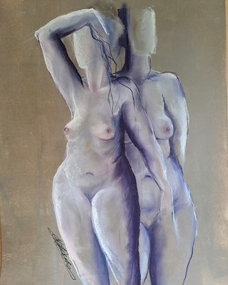 Female form, pastel painting, life drawing, nude, standing figures.