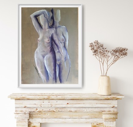 Female form, pastel painting, life drawing, nude, standing figures.