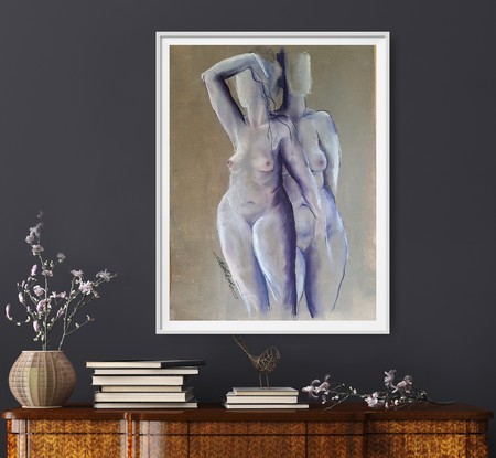 Female form, pastel painting, life drawing, nude, standing figures.