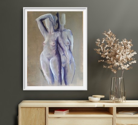 Female form, pastel painting, life drawing, nude, standing figures.