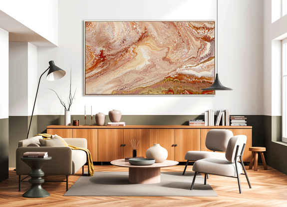 ABSTRACT painting that gives the impression of land form in outback Australia and along the coastline.  The intricate mosaic pattern within the tonal hues of ochre and peach-ish . An inlay of  glimmering copper and gold and rose gold metallics adds added interest and intrigue the close one gets to the painting. The metallics also add an extra depth because how the painting changes personality when one views from different angles and different light. 