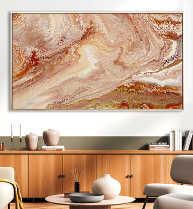 ABSTRACT painting that gives the impression of land form in outback Australia and along the coastline.  The intricate mosaic pattern within the tonal hues of ochre and peach-ish . An inlay of  glimmering copper and gold and rose gold metallics adds added interest and intrigue the close one gets to the painting. The metallics also add an extra depth because how the painting changes personality when one views from different angles and different light. 