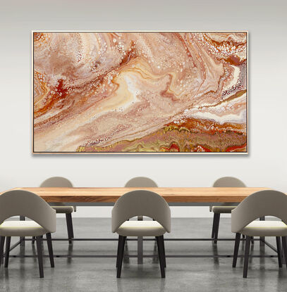 ABSTRACT painting that gives the impression of land form in outback Australia and along the coastline.  The intricate mosaic pattern within the tonal hues of ochre and peach-ish . An inlay of  glimmering copper and gold and rose gold metallics adds added interest and intrigue the close one gets to the painting. The metallics also add an extra depth because how the painting changes personality when one views from different angles and different light. 