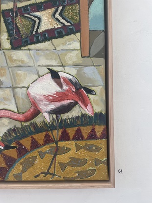 In this painting we have two flamingos, one on a small rug in the bottom right corner, another one looking into the doorway in the top right corner. On the left there is a golden pot with a magnolia flower in it, as well as a stripy lounge chair with a pink galah seated on top. The walls are covered with magnolia flower wallpaper.