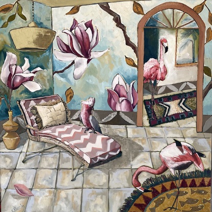 In this painting we have two flamingos, one on a small rug in the bottom right corner, another one looking into the doorway in the top right corner. On the left there is a golden pot with a magnolia flower in it, as well as a stripy lounge chair with a pink galah seated on top. The walls are covered with magnolia flower wallpaper.