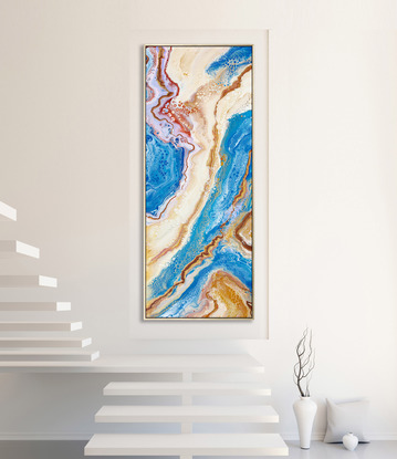 ABSTRACT painting whose colours give the impression sand and water.  The intricate mosaic pattern within the tonal blue hues and the glimmering metallics adds added interest and intrigue.
The closer you get to the painting the more of the interesting details and patterns you can see. Metallics add an extra depth because the painting changes personality when one views from different angles.