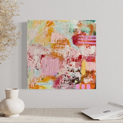 A small abstract painting on stretched canvas by Australian Artist Rose Hewartson, with a soft blues and green colours
