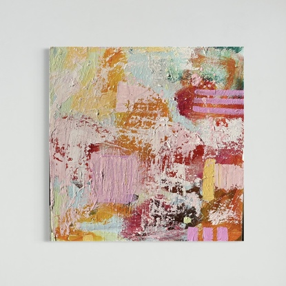 A small abstract painting on stretched canvas by Australian Artist Rose Hewartson, with a soft blues and green colours
