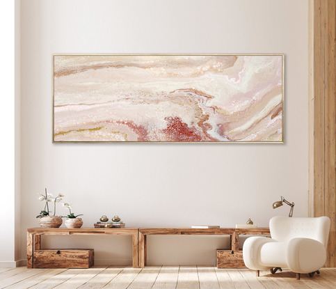 ABSTRACT painting that gives the impression of sandy dunes.  The intricate mosaic pattern within the tonal beige and brown hues and the glimmering metallics adds added interest and intrigue.
The closer you get to the painting the more of the interesting details and patterns you can see. Metallics add an extra depth because the painting changes personality when one views from different angles.