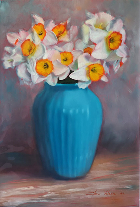 Spring flowers Daffodils in turquoise vase