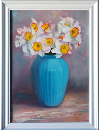 Spring flowers Daffodils in turquoise vase