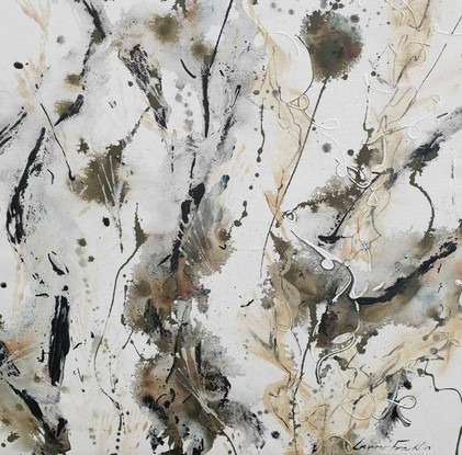 A large painting of seaweed and coral in olive green, khaki, beige, black and white.