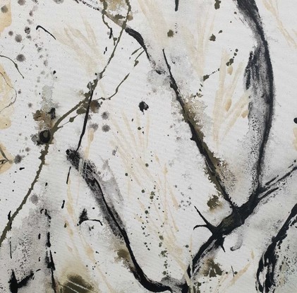 A large painting of seaweed and coral in olive green, khaki, beige, black and white.