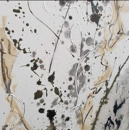 A large painting of seaweed and coral in olive green, khaki, beige, black and white.