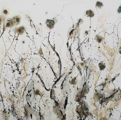 A large painting of seaweed and coral in olive green, khaki, beige, black and white.