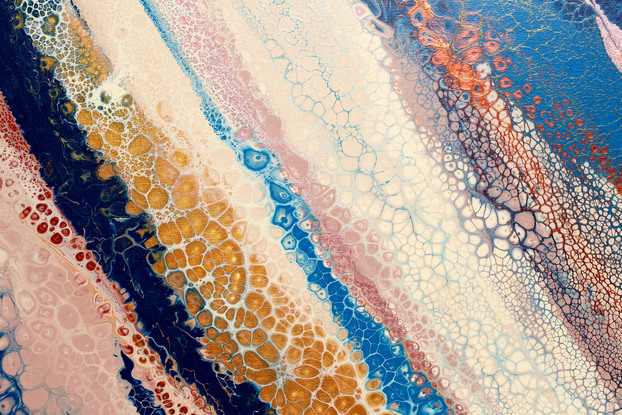 ABSTRACT painting that gives the impression of pools of water left after the tide has shifted out.  The intricate mosaic pattern within the tonal blue hues and the glimmering adds more magical interest and intrigue the closer one gets to the painting. Metallics add an extra depth because the painting changes personality when one views from different angles.