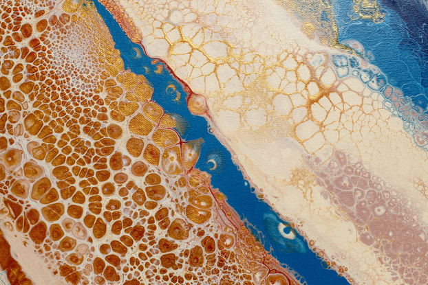 ABSTRACT painting that gives the impression of pools of water left after the tide has shifted out.  The intricate mosaic pattern within the tonal blue hues and the glimmering adds more magical interest and intrigue the closer one gets to the painting. Metallics add an extra depth because the painting changes personality when one views from different angles.