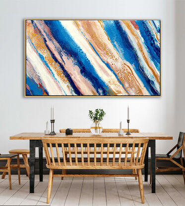 ABSTRACT painting that gives the impression of pools of water left after the tide has shifted out.  The intricate mosaic pattern within the tonal blue hues and the glimmering adds more magical interest and intrigue the closer one gets to the painting. Metallics add an extra depth because the painting changes personality when one views from different angles.