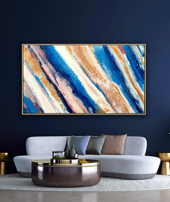 ABSTRACT painting that gives the impression of pools of water left after the tide has shifted out.  The intricate mosaic pattern within the tonal blue hues and the glimmering adds more magical interest and intrigue the closer one gets to the painting. Metallics add an extra depth because the painting changes personality when one views from different angles.