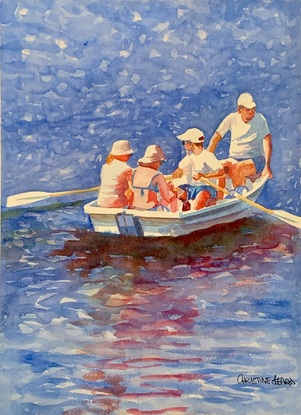 Group in a rowing boat in the sunshine.