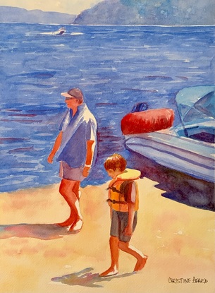 Man and boy going boating in the sunshine.