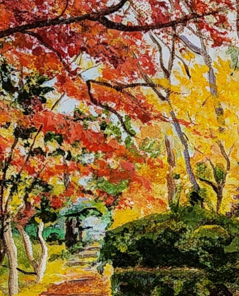 a small format artwork following Charlotte's Pass garden path and stairs leading to the light with fallen leaves and bright red, orange and yellow leaves giving a vibrant feel of Autumn at Breenhold Gardens in  the village of Mount Wilson