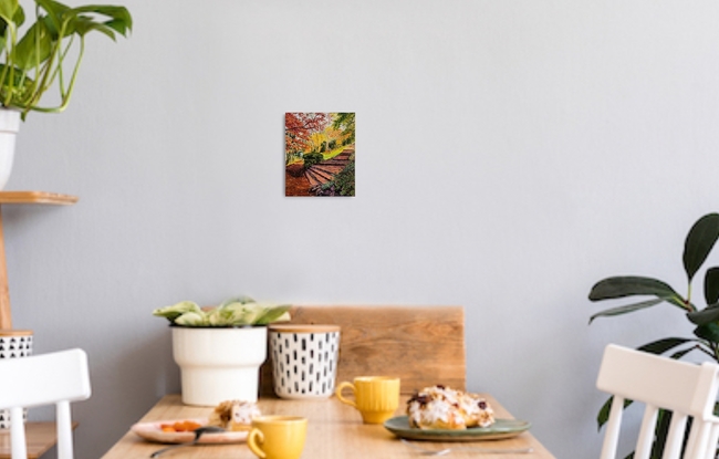 a small format artwork following Charlotte's Pass garden path and stairs leading to the light with fallen leaves and bright red, orange and yellow leaves giving a vibrant feel of Autumn at Breenhold Gardens in  the village of Mount Wilson