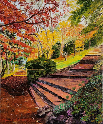 a small format artwork following Charlotte's Pass garden path and stairs leading to the light with fallen leaves and bright red, orange and yellow leaves giving a vibrant feel of Autumn at Breenhold Gardens in  the village of Mount Wilson