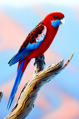 exquisitely framed realism painting of a Crimson Rosella in an outback setting with ranges in the background, Australian outback