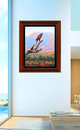 exquisitely framed realism painting of a Crimson Rosella in an outback setting with ranges in the background, Australian outback