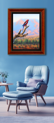 exquisitely framed realism painting of a Crimson Rosella in an outback setting with ranges in the background, Australian outback