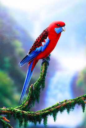 exquisitely framed realism painting of a Crimson Rosella sitting on a detailed branch!