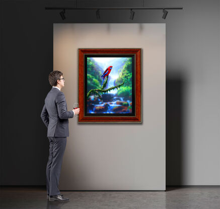 exquisitely framed realism painting of a Crimson Rosella sitting on a detailed branch!