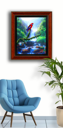 exquisitely framed realism painting of a Crimson Rosella sitting on a detailed branch!