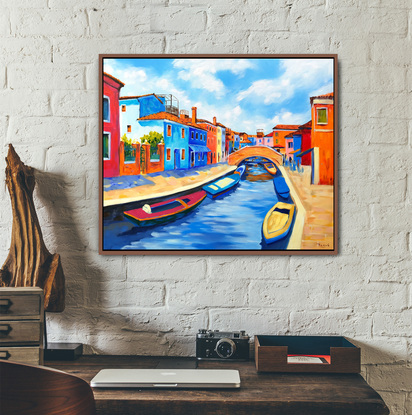 Burano seascape with fishing boats the original acrylic painting by Irina Redine. 