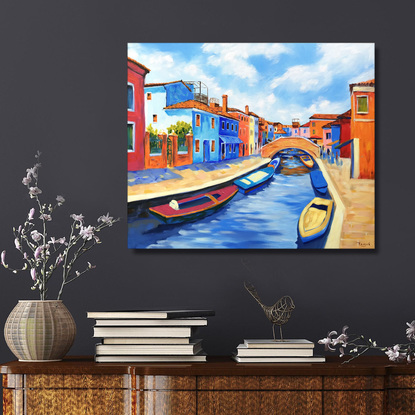 Burano seascape with fishing boats the original acrylic painting by Irina Redine. 