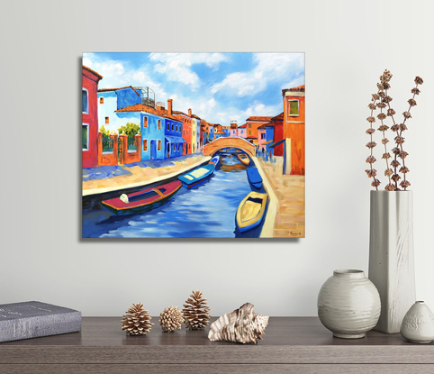 Burano seascape with fishing boats the original acrylic painting by Irina Redine. 