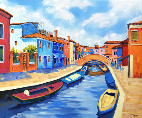 Burano seascape with fishing boats the original acrylic painting by Irina Redine. 