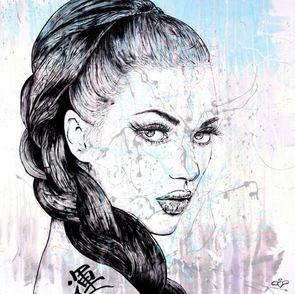 A large canvas painting using acrylics.  An abstract splash of colours on white/cream is the backdrop for the simple sketch (in black)  the face of a beautiful woman with intense eyes that follow you around the room.  She has a long braid of dark hair that feames her face.  The artist has skillfully sketched every hair.  
On the bare shoulder to the woman is a tattoo - the symbol for luck!

It is the type of painting that can fit any room and will have impact while the subtle colours accenting the design and decor of the room.