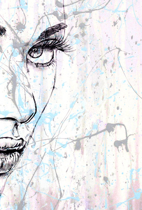 A large canvas painting using acrylics.  An abstract splash of colours on white/cream is the backdrop for the simple sketch (in black)  the face of a beautiful woman with intense eyes that follow you around the room.  She has a long braid of dark hair that feames her face.  The artist has skillfully sketched every hair.  
On the bare shoulder to the woman is a tattoo - the symbol for luck!

It is the type of painting that can fit any room and will have impact while the subtle colours accenting the design and decor of the room.