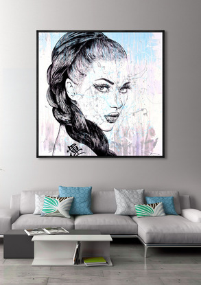 A large canvas painting using acrylics.  An abstract splash of colours on white/cream is the backdrop for the simple sketch (in black)  the face of a beautiful woman with intense eyes that follow you around the room.  She has a long braid of dark hair that feames her face.  The artist has skillfully sketched every hair.  
On the bare shoulder to the woman is a tattoo - the symbol for luck!

It is the type of painting that can fit any room and will have impact while the subtle colours accenting the design and decor of the room.