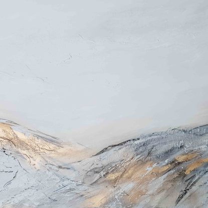 A large abstract landscape of the mountains in mixed media.