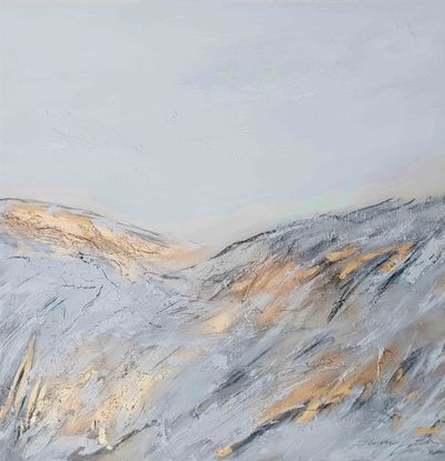 A large abstract landscape of the mountains in mixed media.