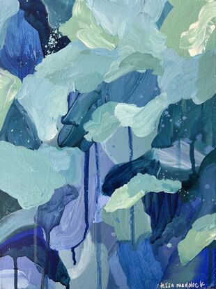 Varying shades of deep blues and pale greens expressively pieced together with drips and spatters