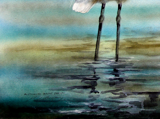 Australian Great Egrets are one of my favourite birds to paint.  I placed these majestic birds in a quiet and gentle composition.  They're often found standing serenely in shallow water looking for their next meal and having a peaceful paddle.  
