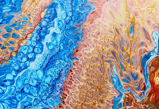 ABSTRACT painting that gives the impression of soothing ocean waves lapping in to soft sandy shore.  The intricate mosaic pattern within the tonal blue hues and the glimmering adds more and moe magical interest and intrigue the closer one gets to the painting. Metallics add an extra depth because the painting changes personality when one views from different angles.