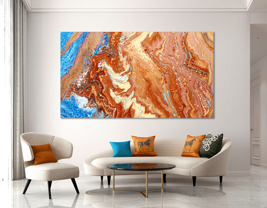 ABSTRACT painting that gives the impression of soothing ocean waves lapping in to soft sandy shore.  The intricate mosaic pattern within the tonal blue hues and the glimmering adds more and moe magical interest and intrigue the closer one gets to the painting. Metallics add an extra depth because the painting changes personality when one views from different angles.