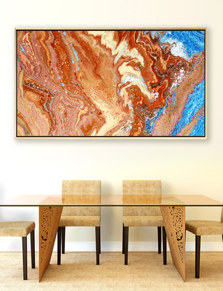 ABSTRACT painting that gives the impression of soothing ocean waves lapping in to soft sandy shore.  The intricate mosaic pattern within the tonal blue hues and the glimmering adds more and moe magical interest and intrigue the closer one gets to the painting. Metallics add an extra depth because the painting changes personality when one views from different angles.