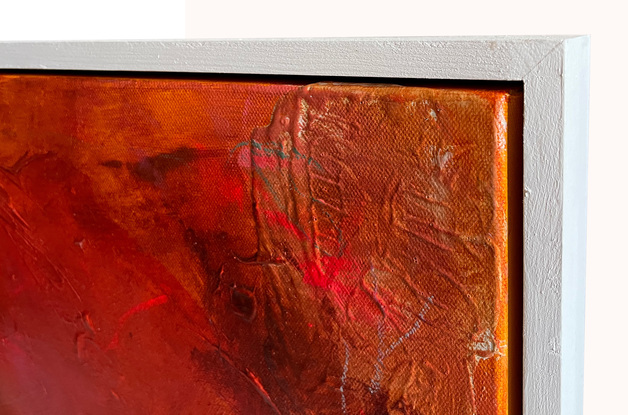 Number 2 in a series of 5. A warm and fiery little number,  layers of warm red and burnt orange interspersed with pops of hot pink. Float framed in white and ready to hang.